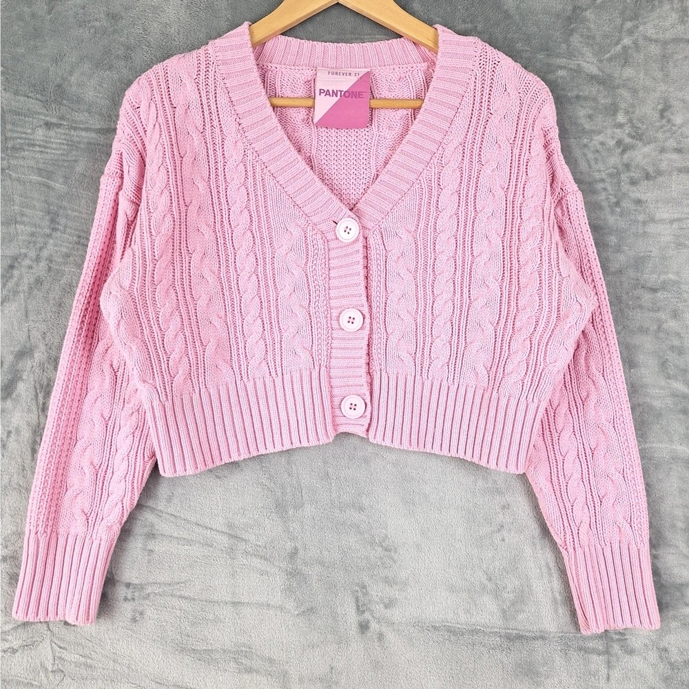 Womens‎ Cardigan Small Pink Chunky Cable Knit Fisherman Cropped Preppy Feminine